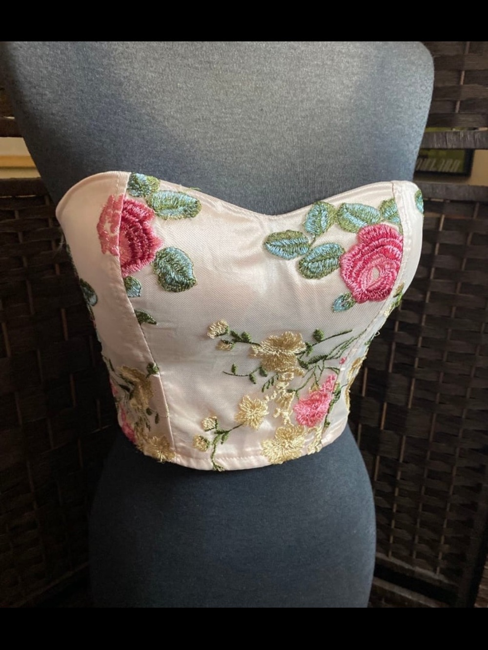 Floral Embroidered Bustier Crop Top - Pink and Green